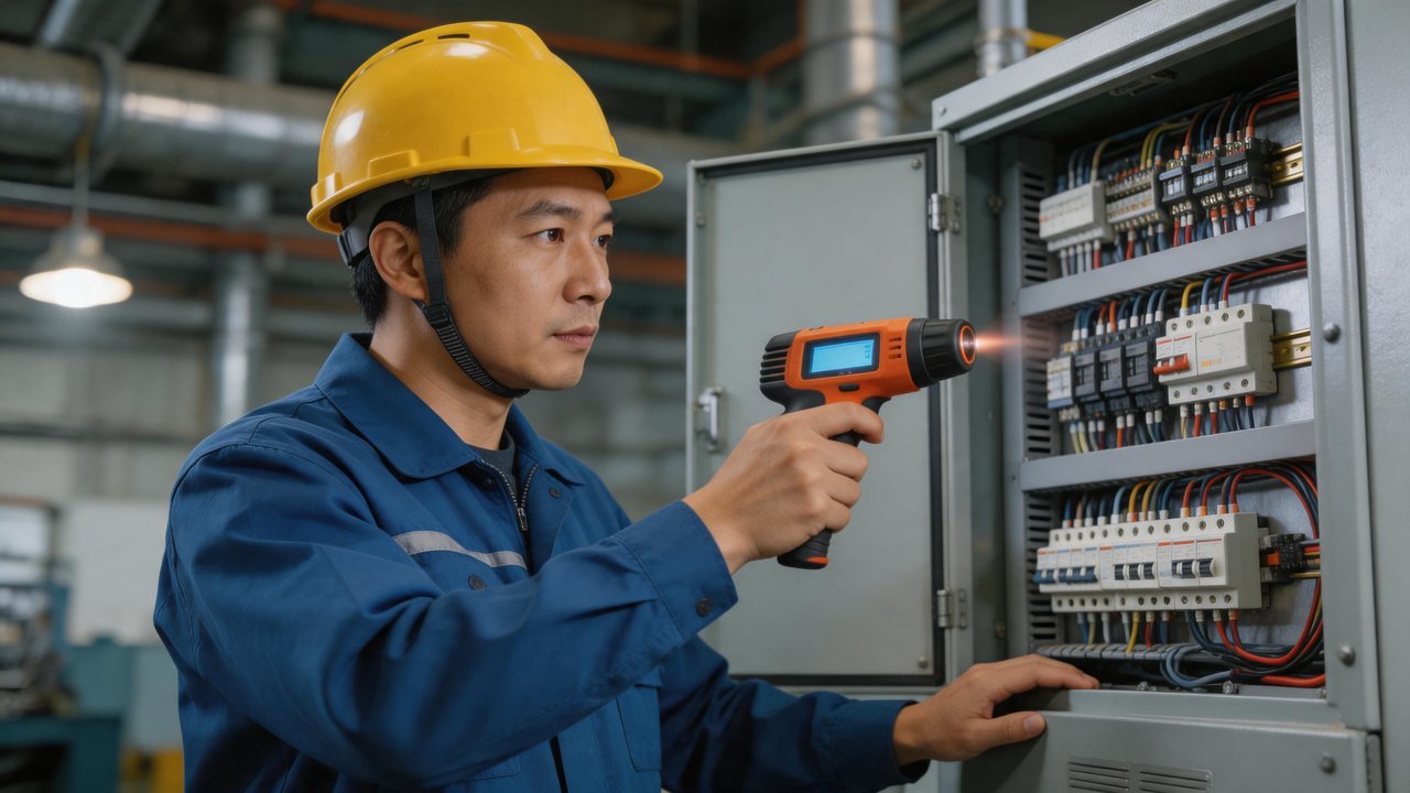 维修师傅检测电控箱温度