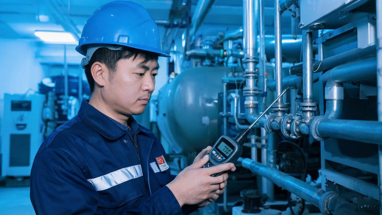 维修人员使用检漏仪检查