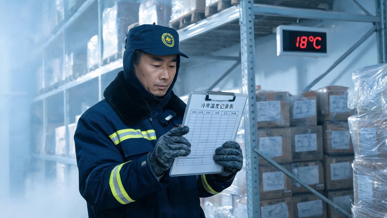冷库管理员检查温度记录