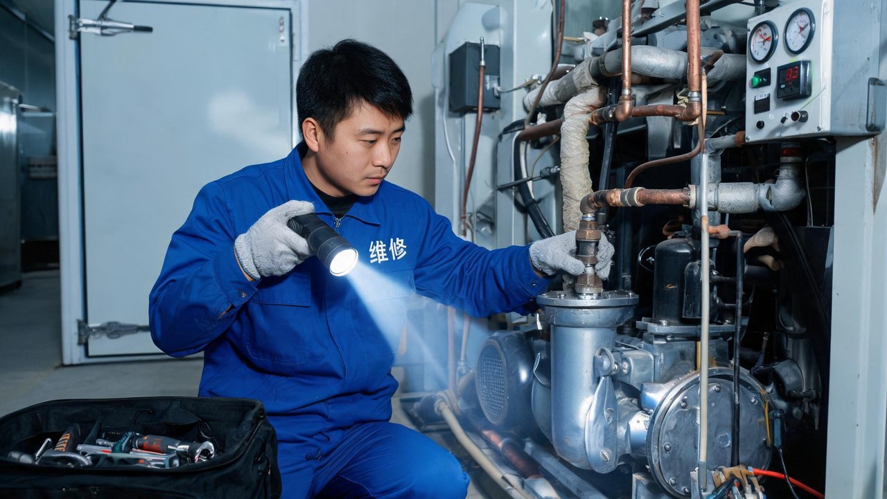 维修工程师检查冷库设备