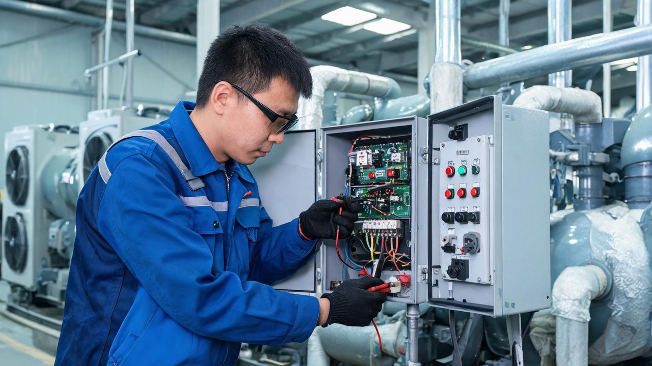 冷库维修工程师检查压缩机控制箱