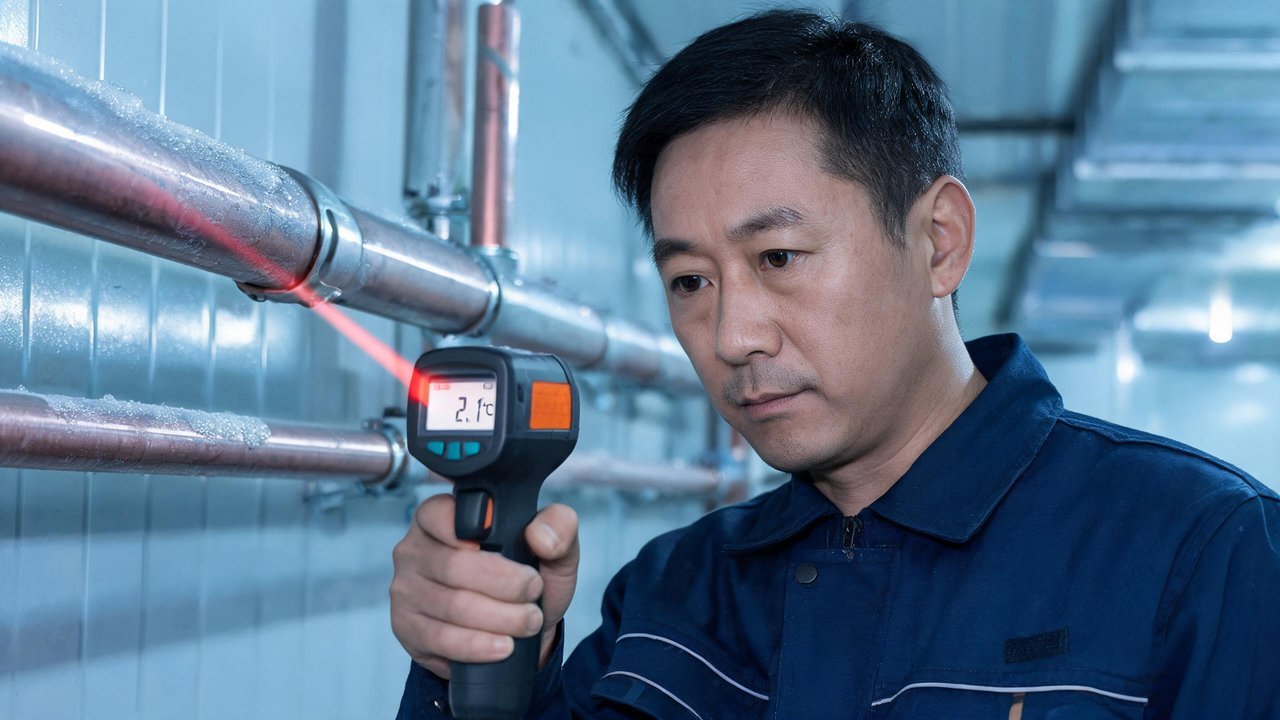 维修工程师检测铜管温度