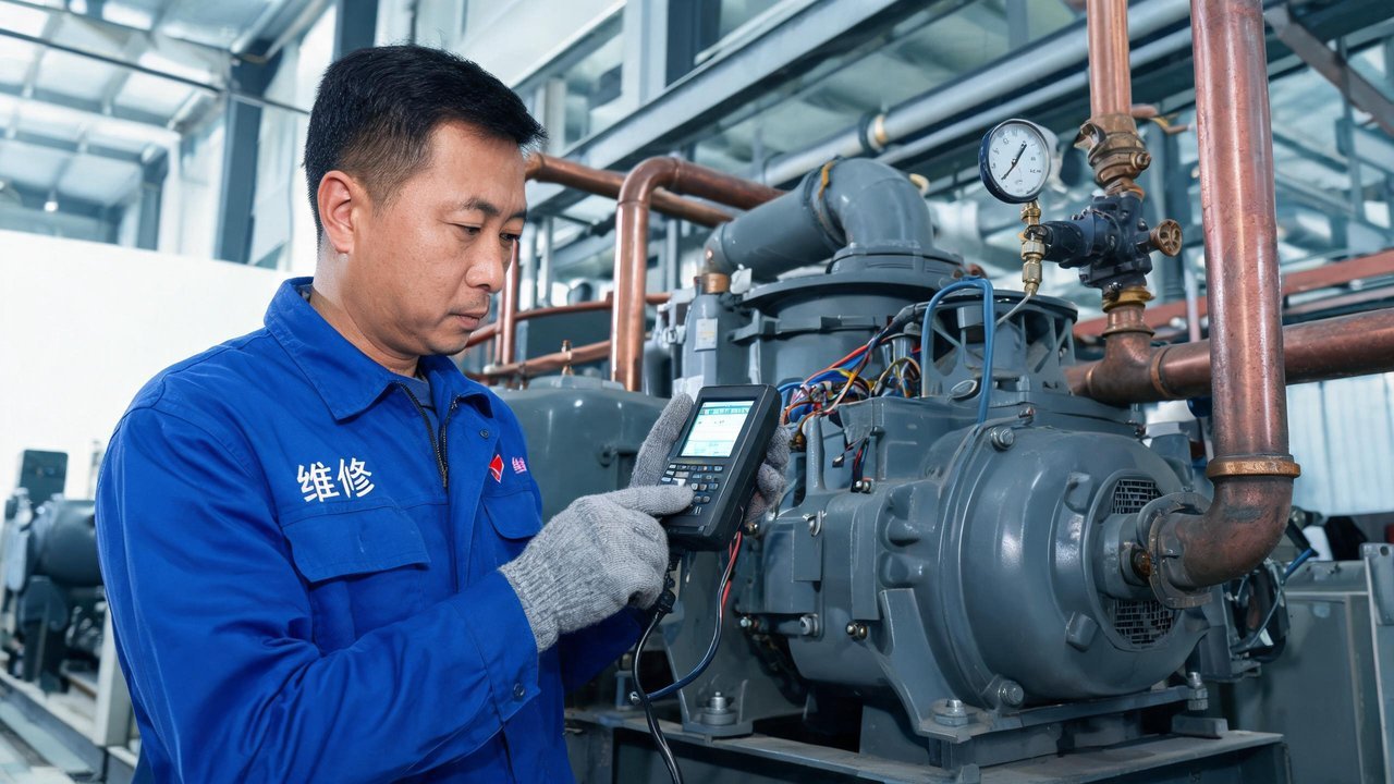 维修工程师检查冷库压缩机