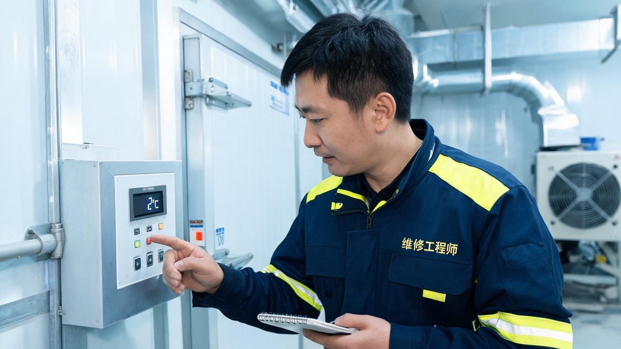 维修工程师检查冷库温控面板