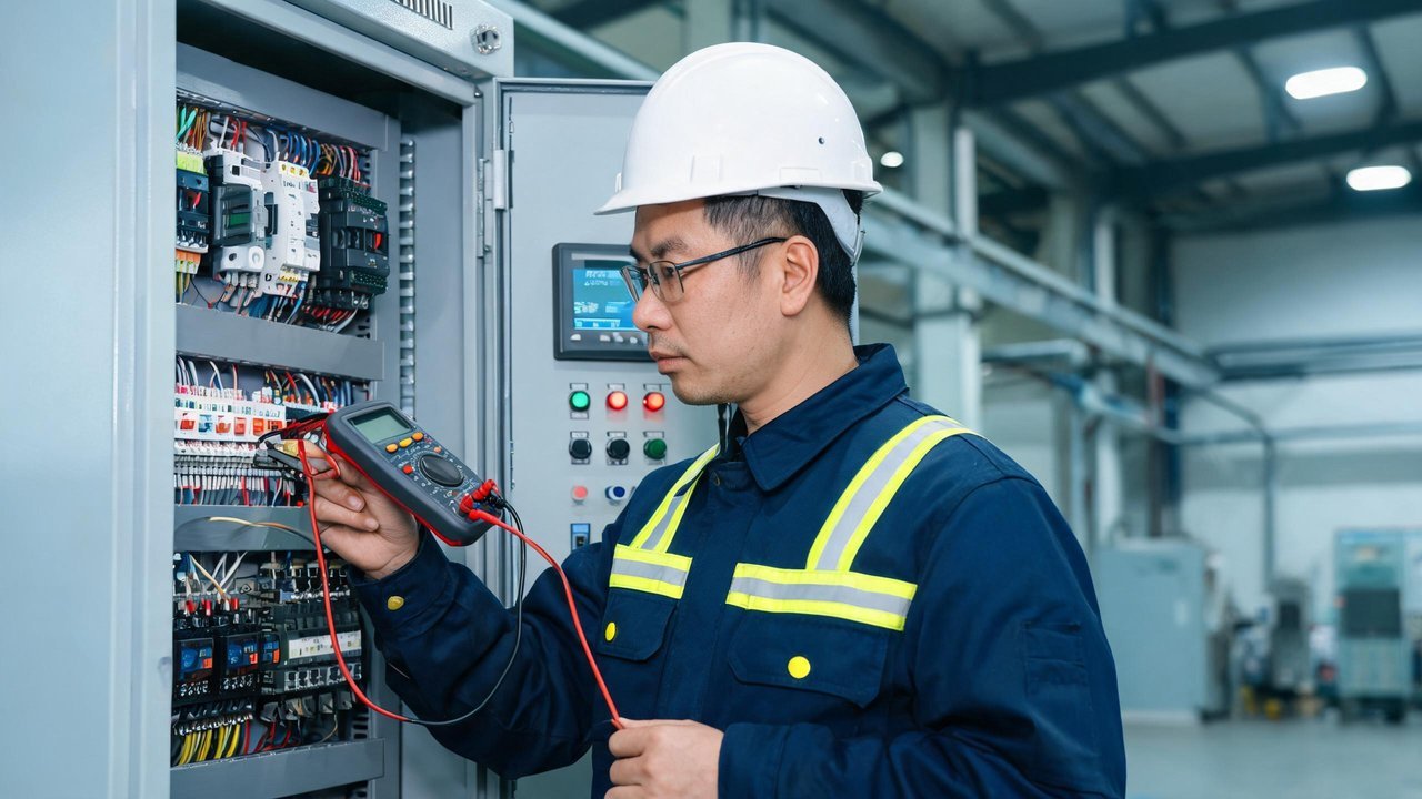 维修工程师检查PLC控制面板