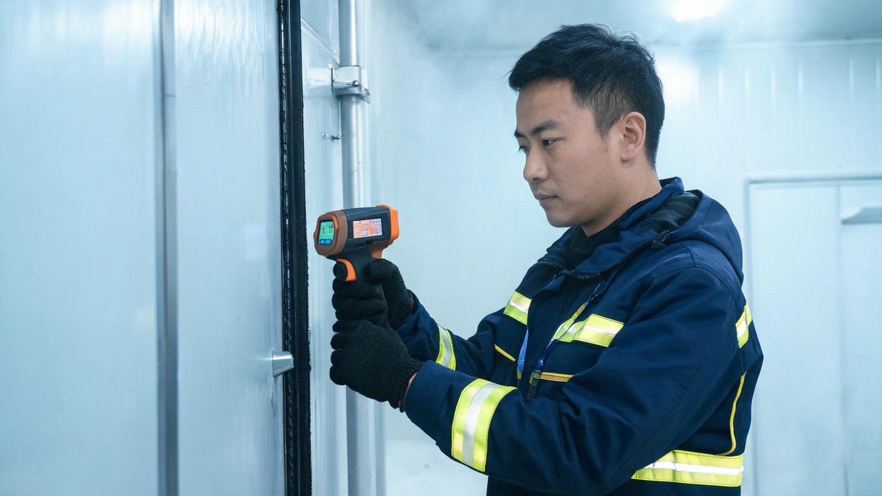 维修师傅检查冷库门