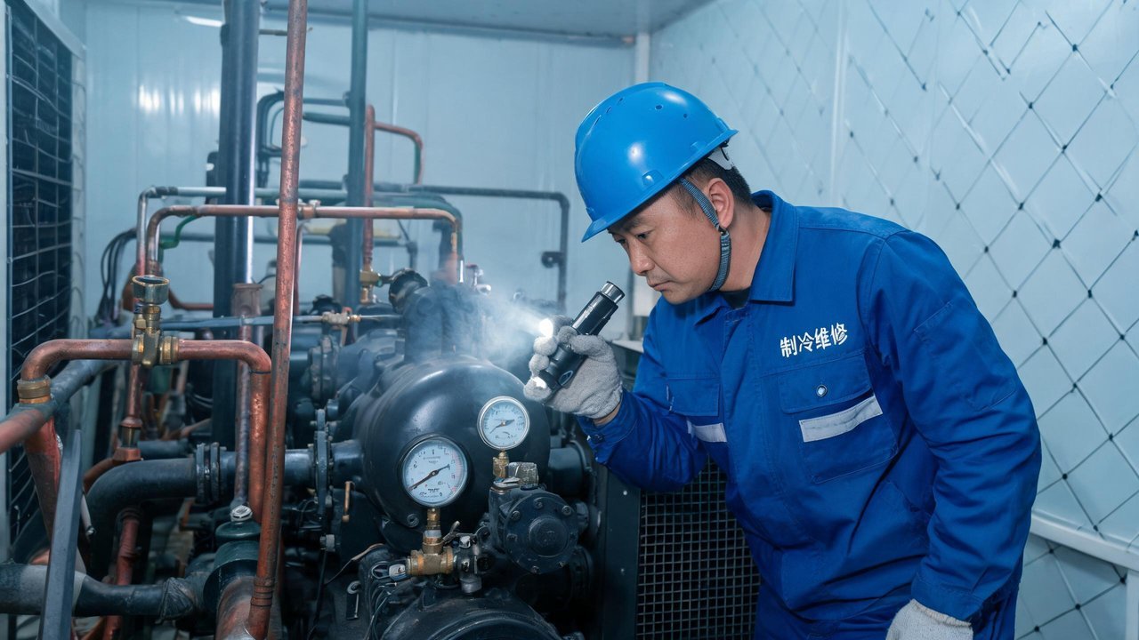 冷库维修工程师检查设备