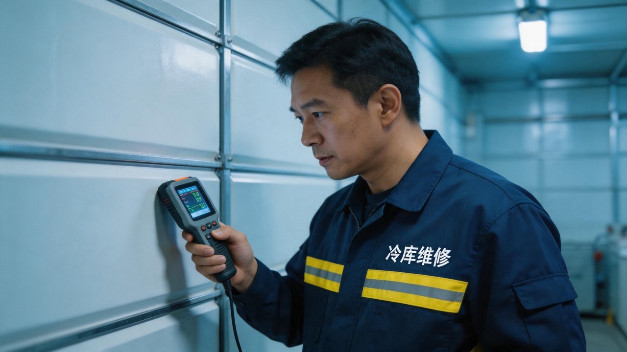 冷库维修工人检查库板