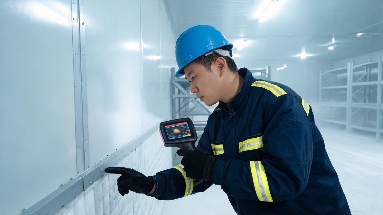 冷库检验工程师检查地坪和墙体
