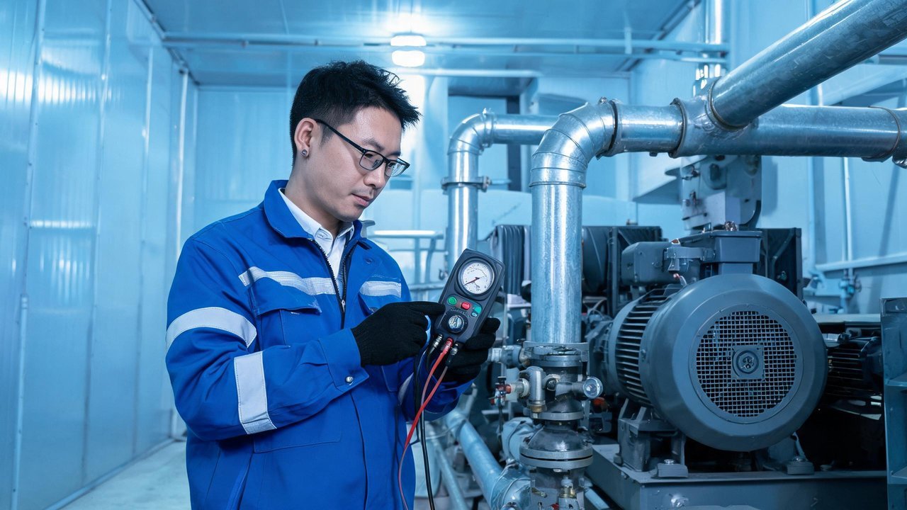 冷库维修工程师检查制冷设备