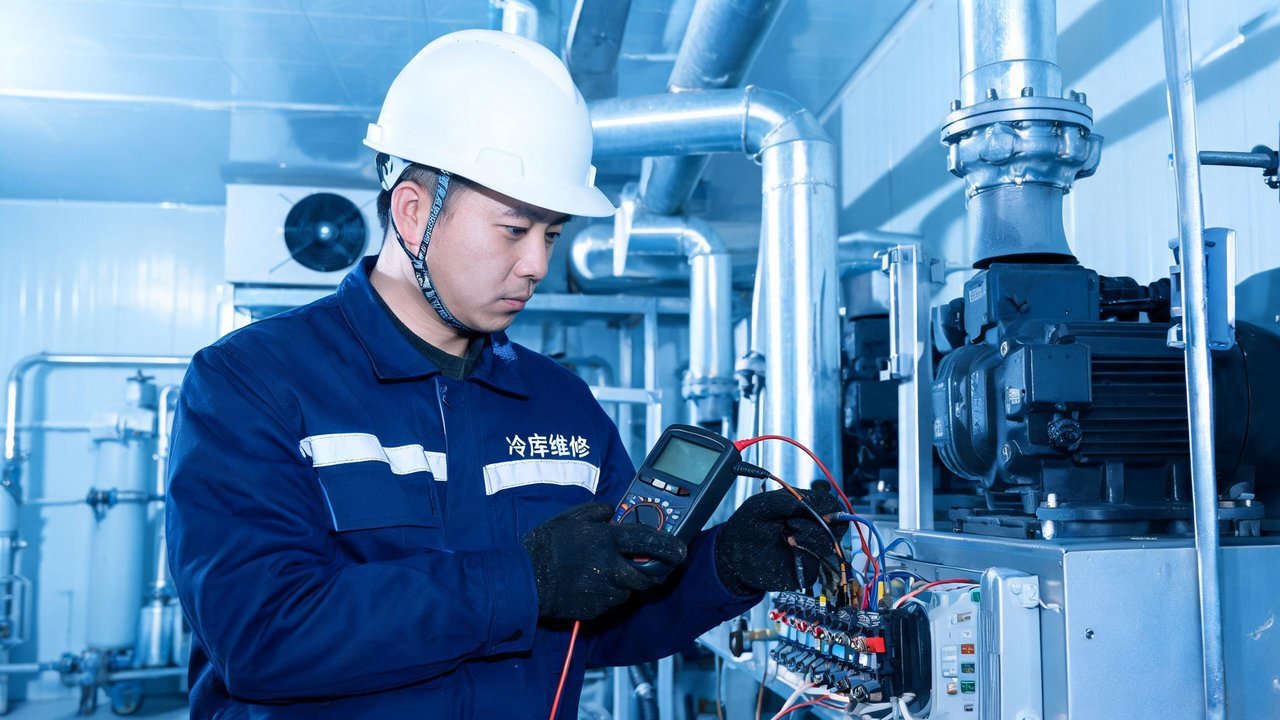 冷库维修师傅检查设备