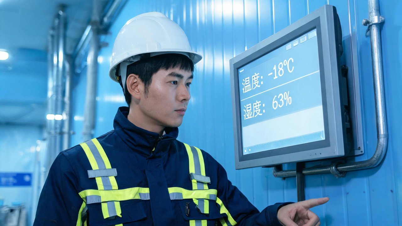 工程师检查温湿度监控系统