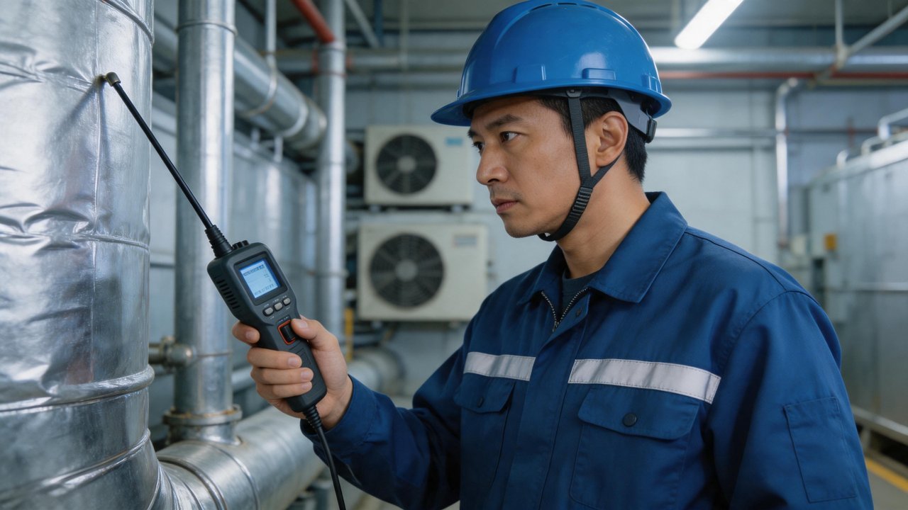 维修师傅使用电子检漏仪扫描