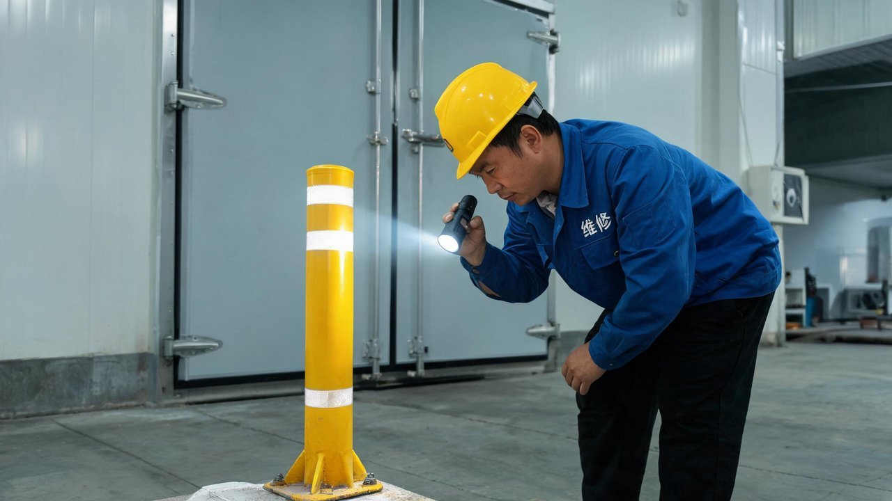 维修师傅检查防撞柱