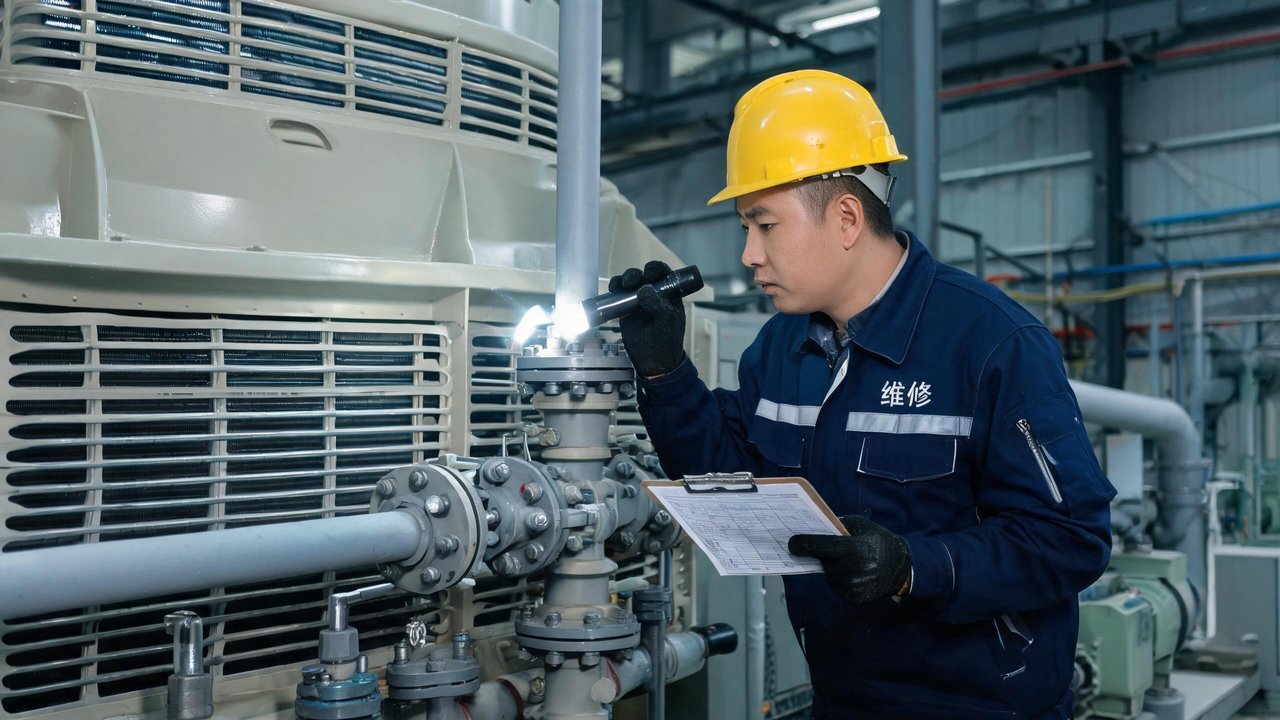 维修工程师检查冷却塔设备