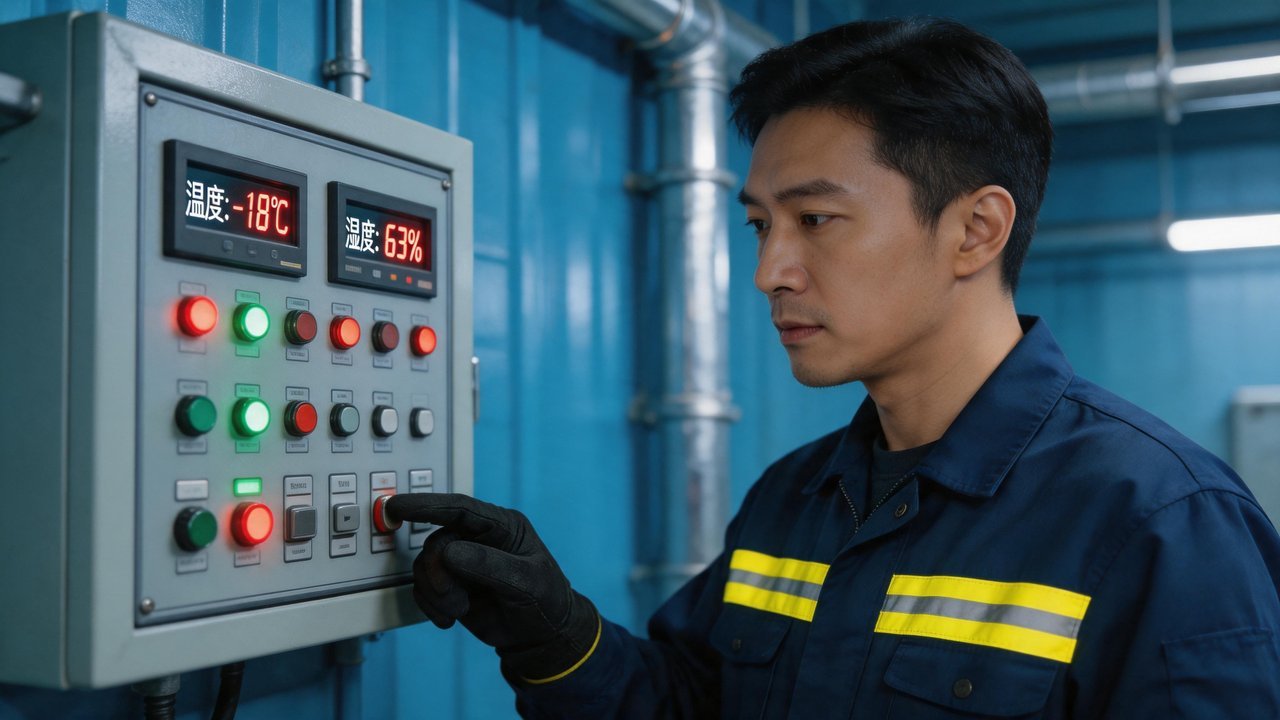 工程师检查温湿度控制面板