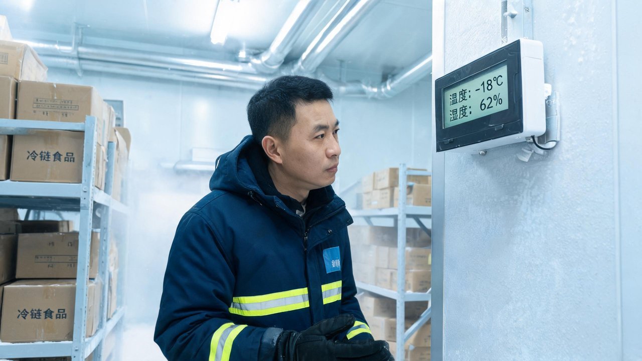冷库管理员检查温湿度监测设备