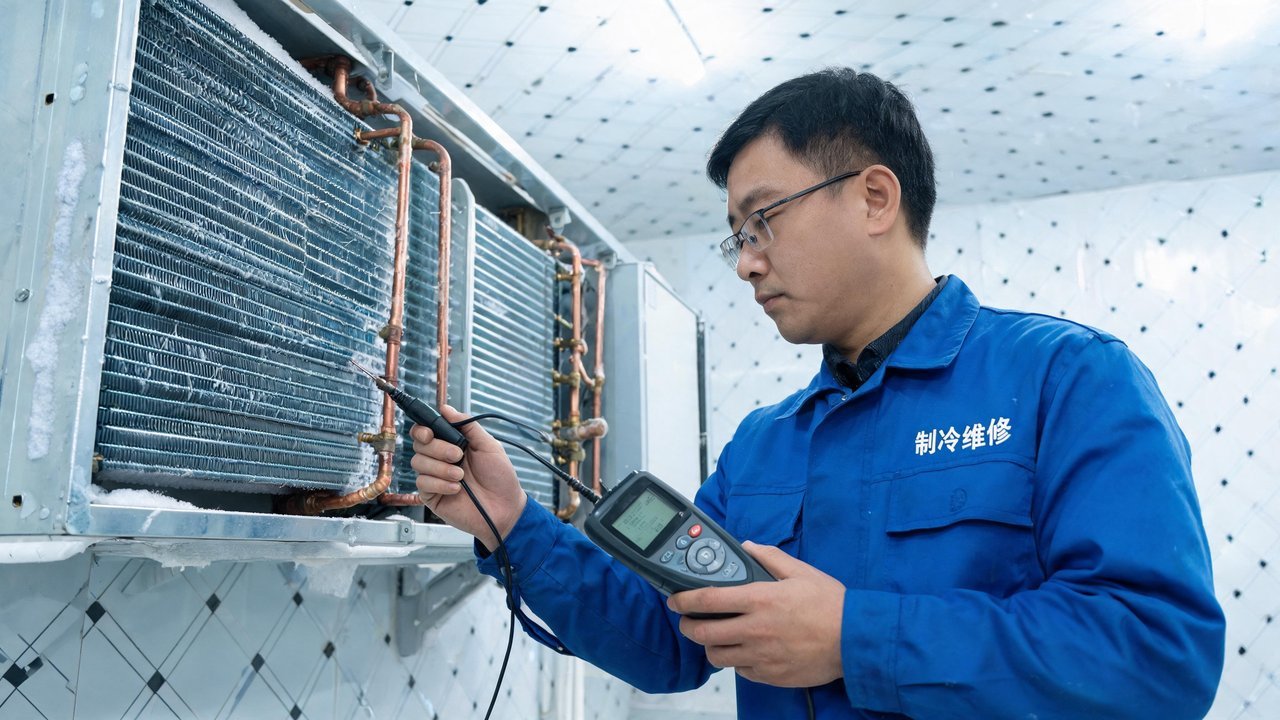 制冷维修工程师检查蒸发器