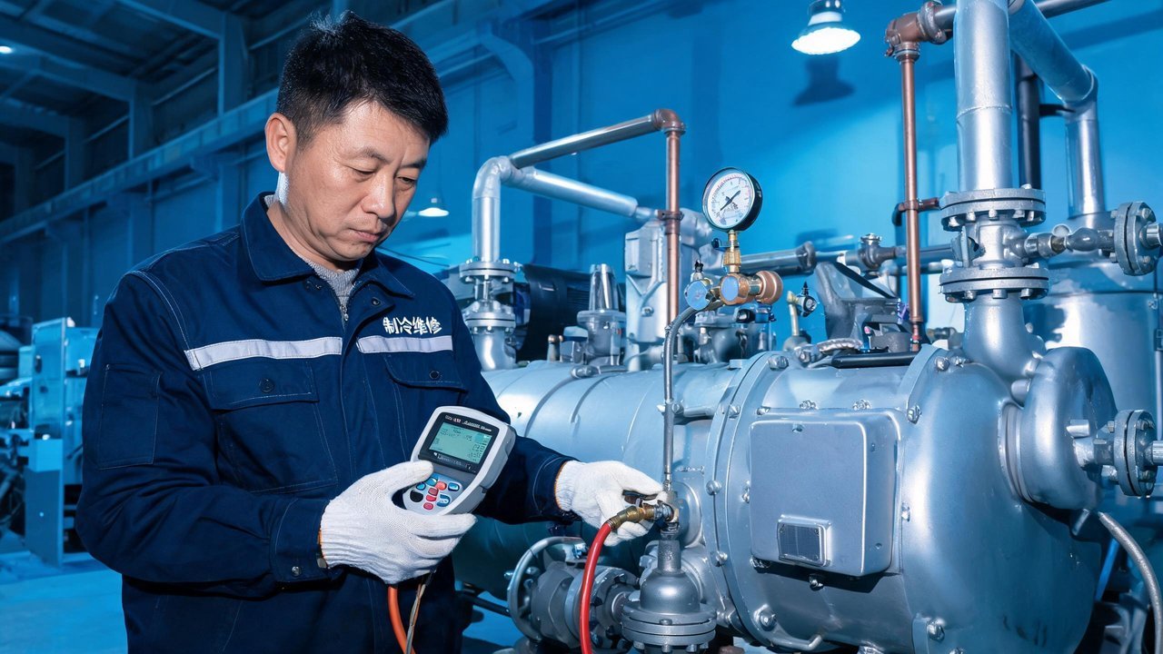 维修工程师检查压缩机设备