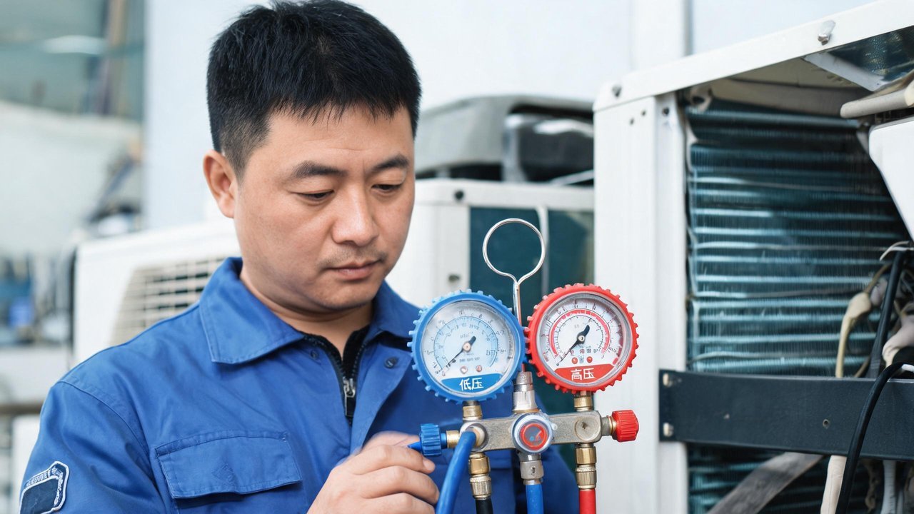 维修技师检查制冷系统压力表