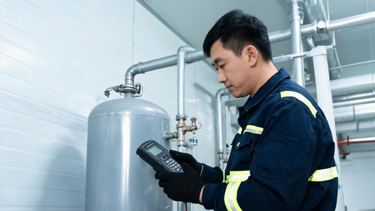 中国维修工程师检查冷库储液器