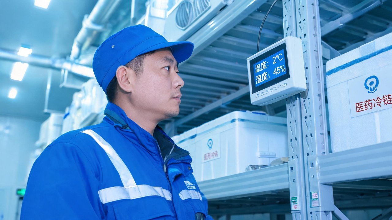 冷库管理员检查温湿度监控设备