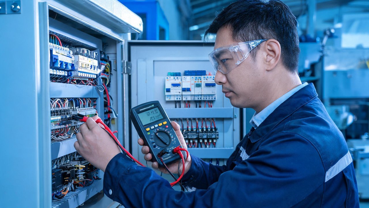 维修工程师检查PLC控制柜