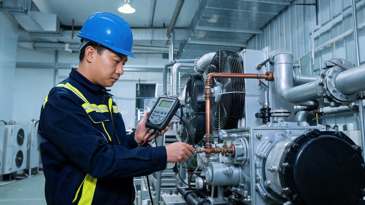 专业维修师傅使用检测设备检查冷库