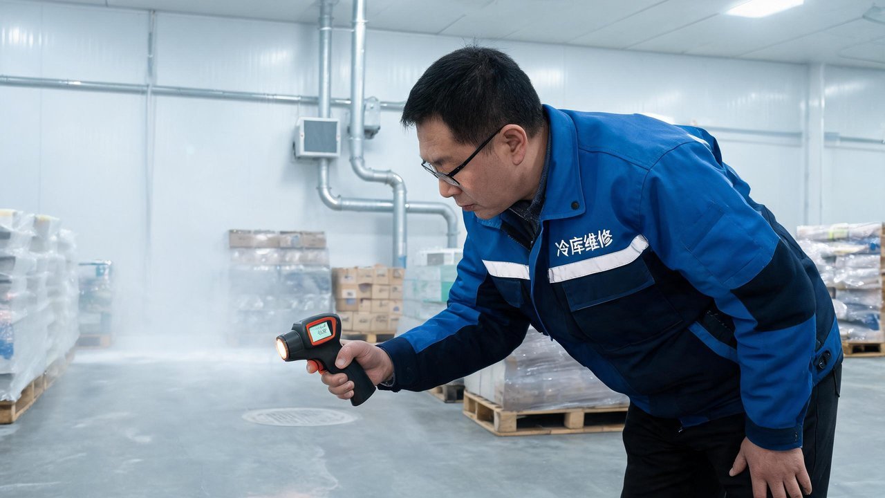 冷库维修师傅使用红外测温枪检查