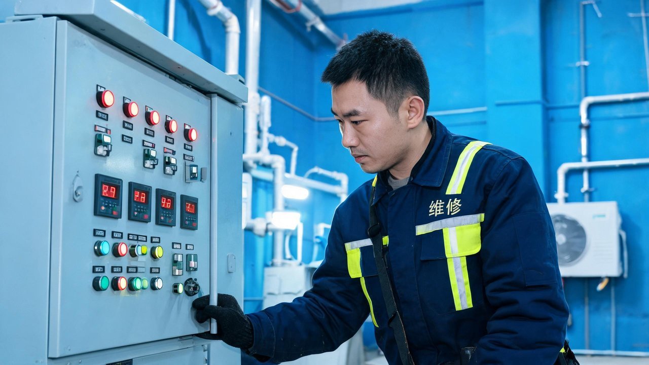 维修工程师检查设备控制柜
