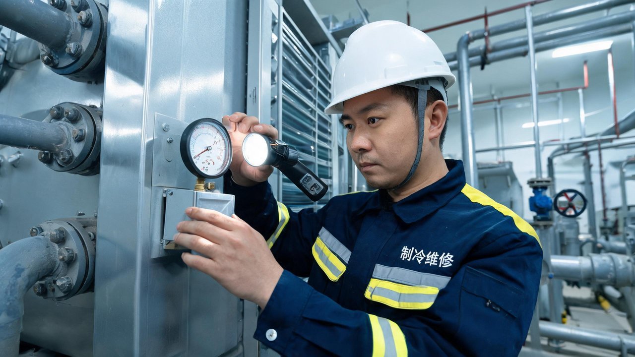 维修工程师检查冷库机组压力表
