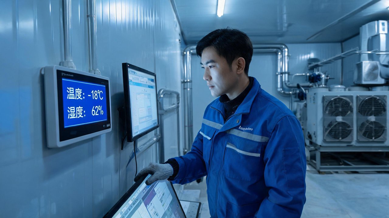 工程师检查温湿度监控系统