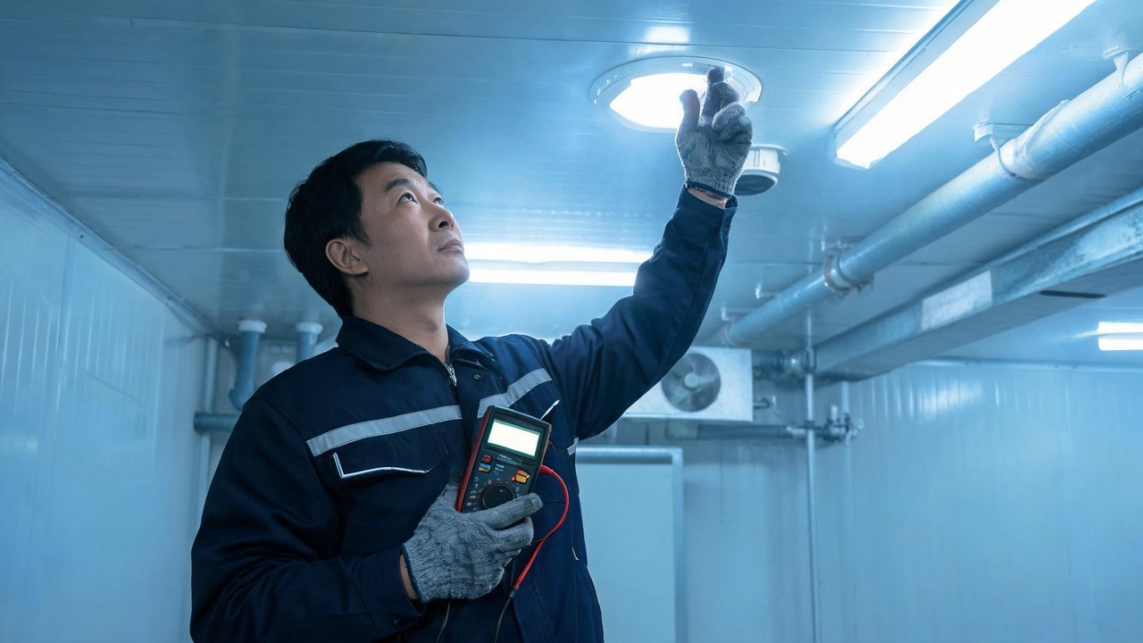 维修人员检查灯具