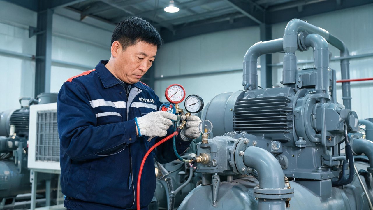 制冷维修师傅检查设备