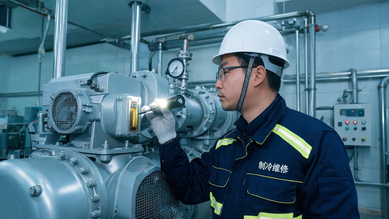 工程师检查压缩机油位