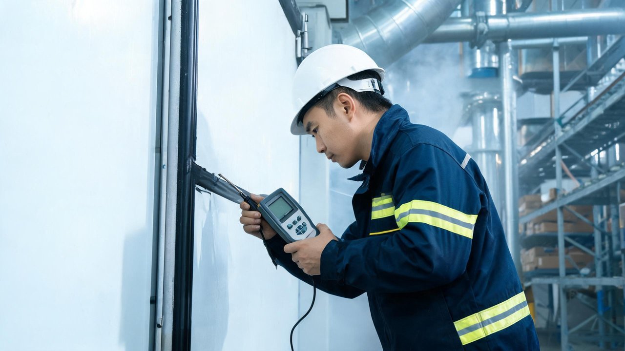 维修工程师检查冷库门密封条