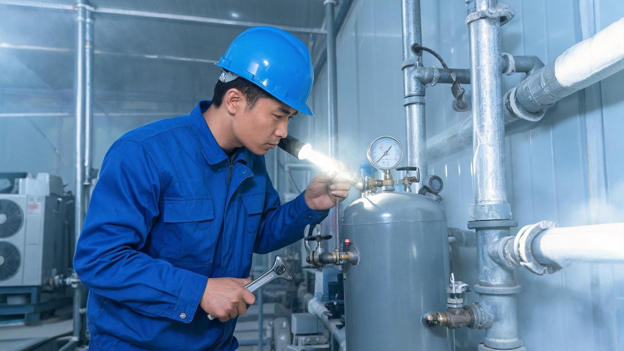 冷库维修工程师检查储液器