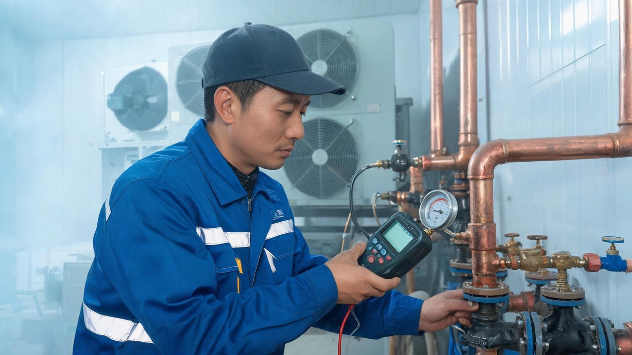 冷库维修师傅检查设备