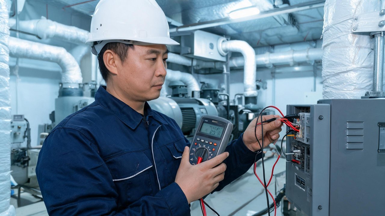 电气工程师使用万用表测量变频器电压