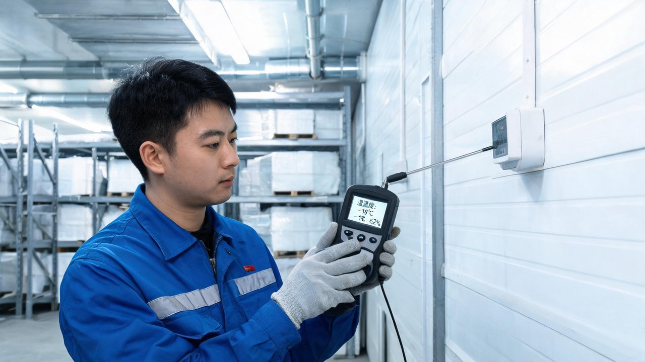 冷库维修工程师检查温湿度传感器