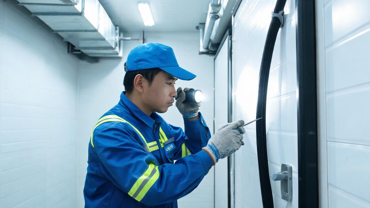 维修技术人员检查冷库密封条
