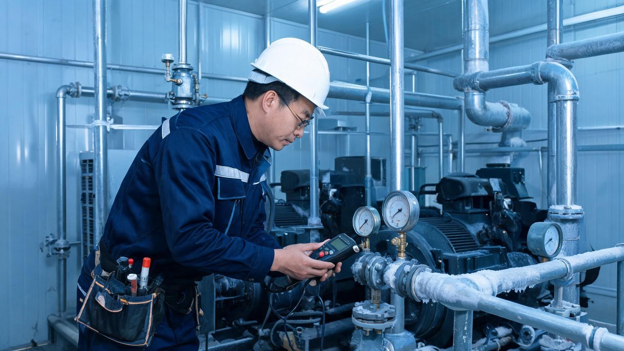 冷库维修师傅检查设备