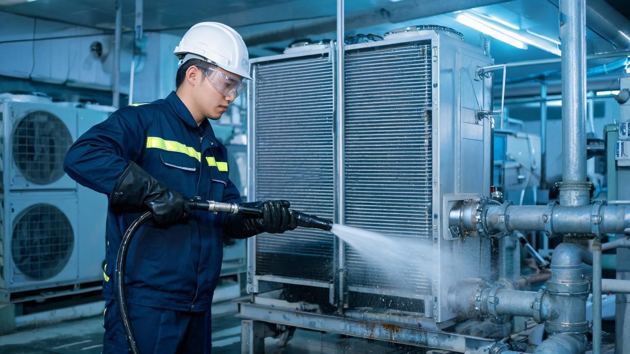 维修工程师清洗冷凝器