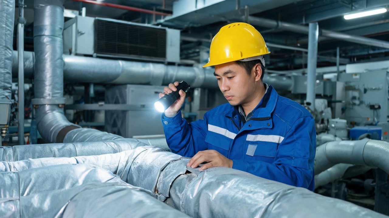 维修工程师检查冷凝器管道保温层
