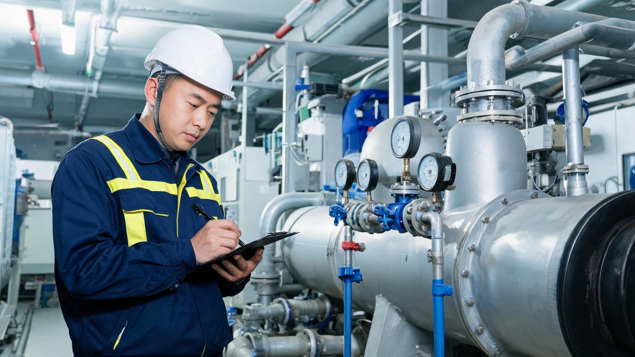 维保工程师检查壳管式冷凝器