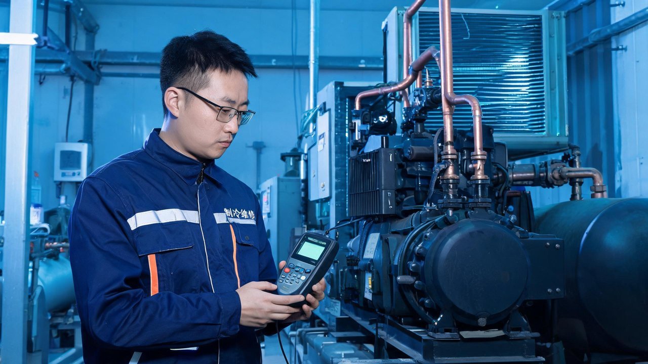 维修工程师检查制冷压缩机