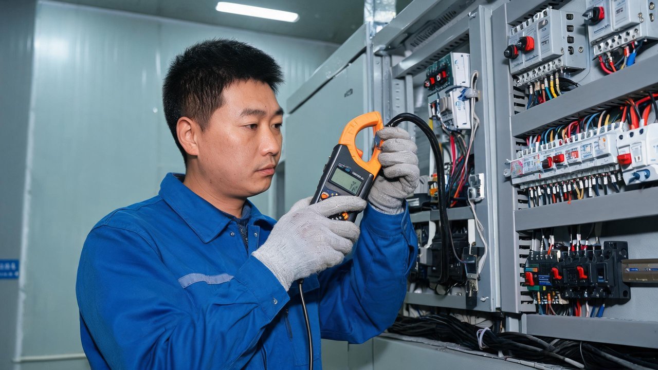 维修师傅测量配电柜电流