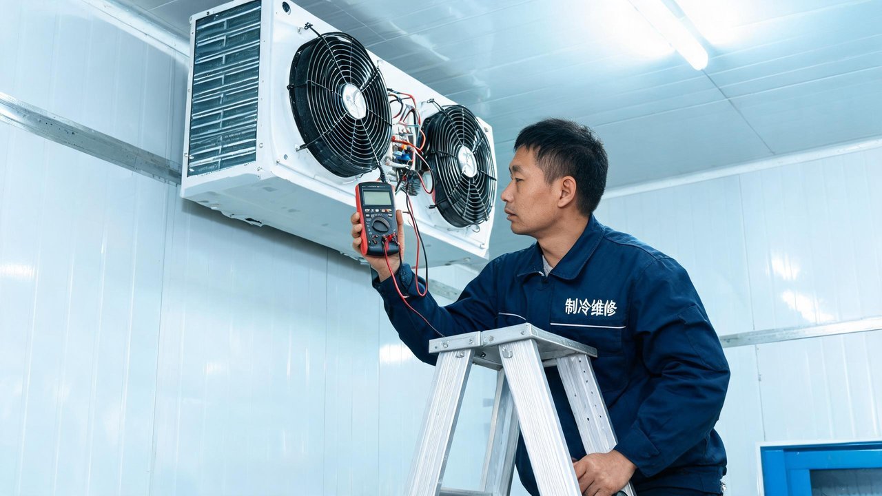 冷库维修师傅检查冷风机