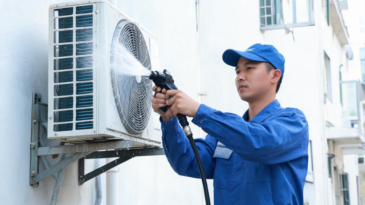 维修人员冲洗风冷冷凝器翅片