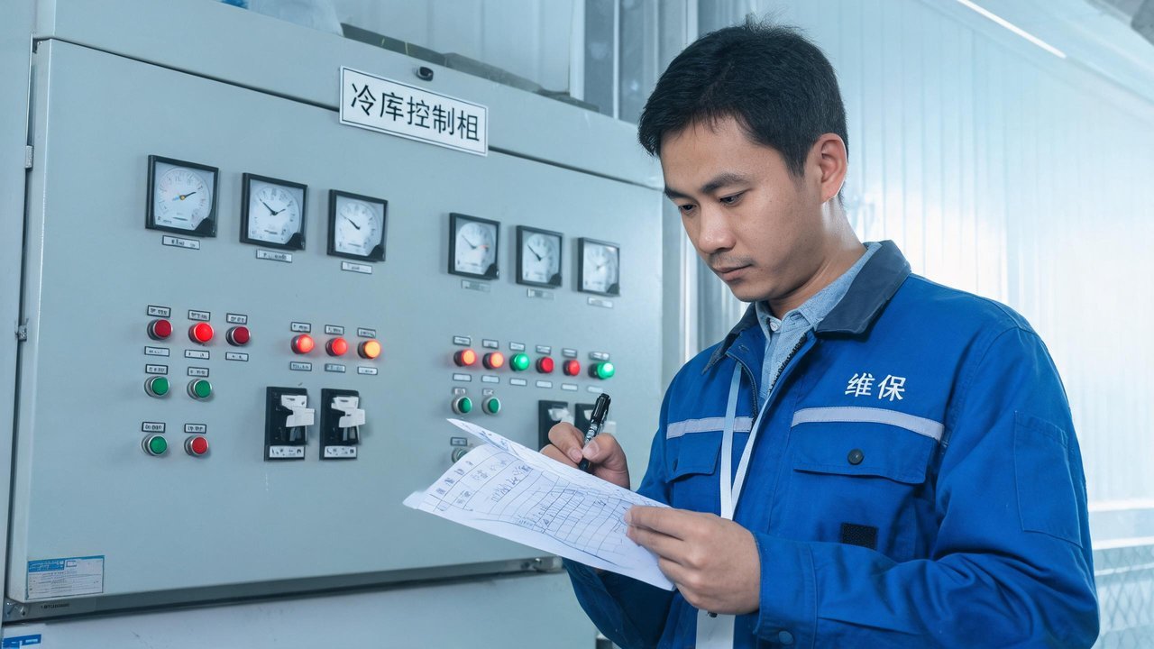 维保工程师在冷库控制柜前记录设备点检数据
